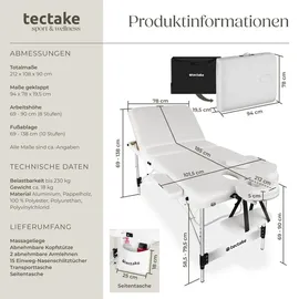 Tectake tectake® 3 Zonen Massageliege, Ko Tao, Tragetasche, Aluminiumgestellweiß