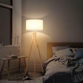 tomons Stehlampe LED Dimmbar aus Holz Dreibein, Skandinavischer Stil, Moderne Standleuchte für Wohnzimmer, Schlafzimmer, Arbeitszimmer, Hotel und Büro, Weiß