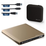 techPulse120 Externes UltraHD UHD 4k 3D M-DISC BDXL HDR10 100GB USB 3.0 & USB-C Laufwerk Bluray Brenner Burner Superdrive UltraSlim BD DVD CD Ultra Paket Tasche 90cm Anschlusskabel Aluminium Gold