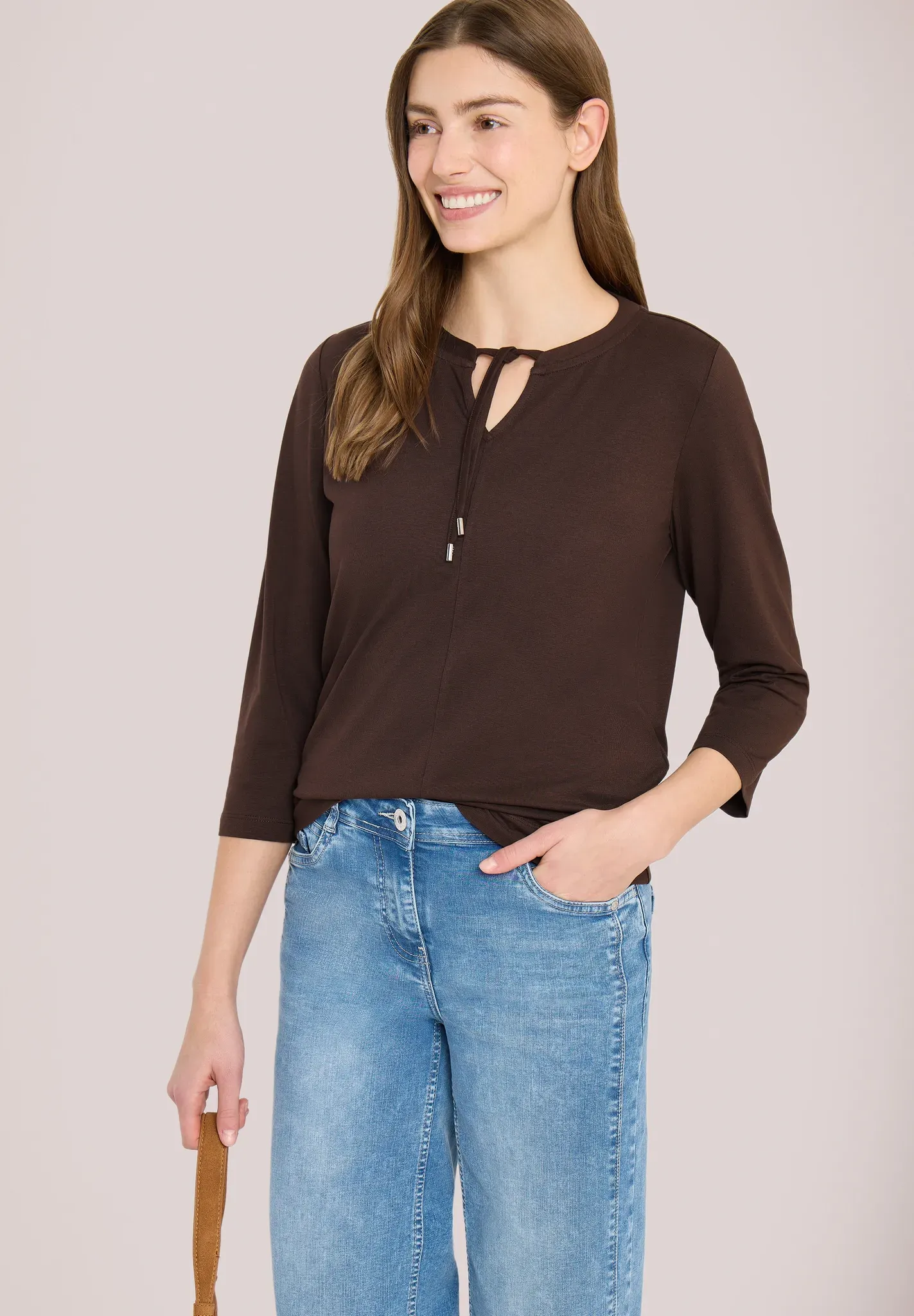 3/4-Arm-Shirt CECIL, Damen, Gr. XXL (46), macchiato braun, Web, 48% Baumwolle, 48% Modal, 4% Elasthan, unifarben, comfort fit normal, Rundhals, abgesteppt, Shirts 3/4-Arm-Shirt, mit 3/4 Ärmeln