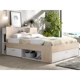 Vente-unique Bett mit Stauraum & Schubladen + Lattenrost + Matratze - 140 x 190 cm - Weiß & Naturfarben - LEANDRE - Naturbelassen