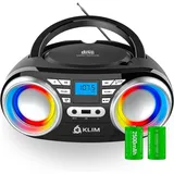 Klim Boombox B3 Tragbarer CD Player + FM Radio, CD, MP3, Bluetooth, AUX, USB, RGB LED + kabel- & kabelloser Betrieb mit wiederaufladbaren Akku - Schwarz