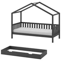 Vipack Hausbett mit seitlicher Umrandung 90 x 200 cm, inkl. Bettschublade, Ausf. Kiefer anthrazit + 90x200 cm, Kinder- Jugendzimmer, Kinderbetten, Hausbetten