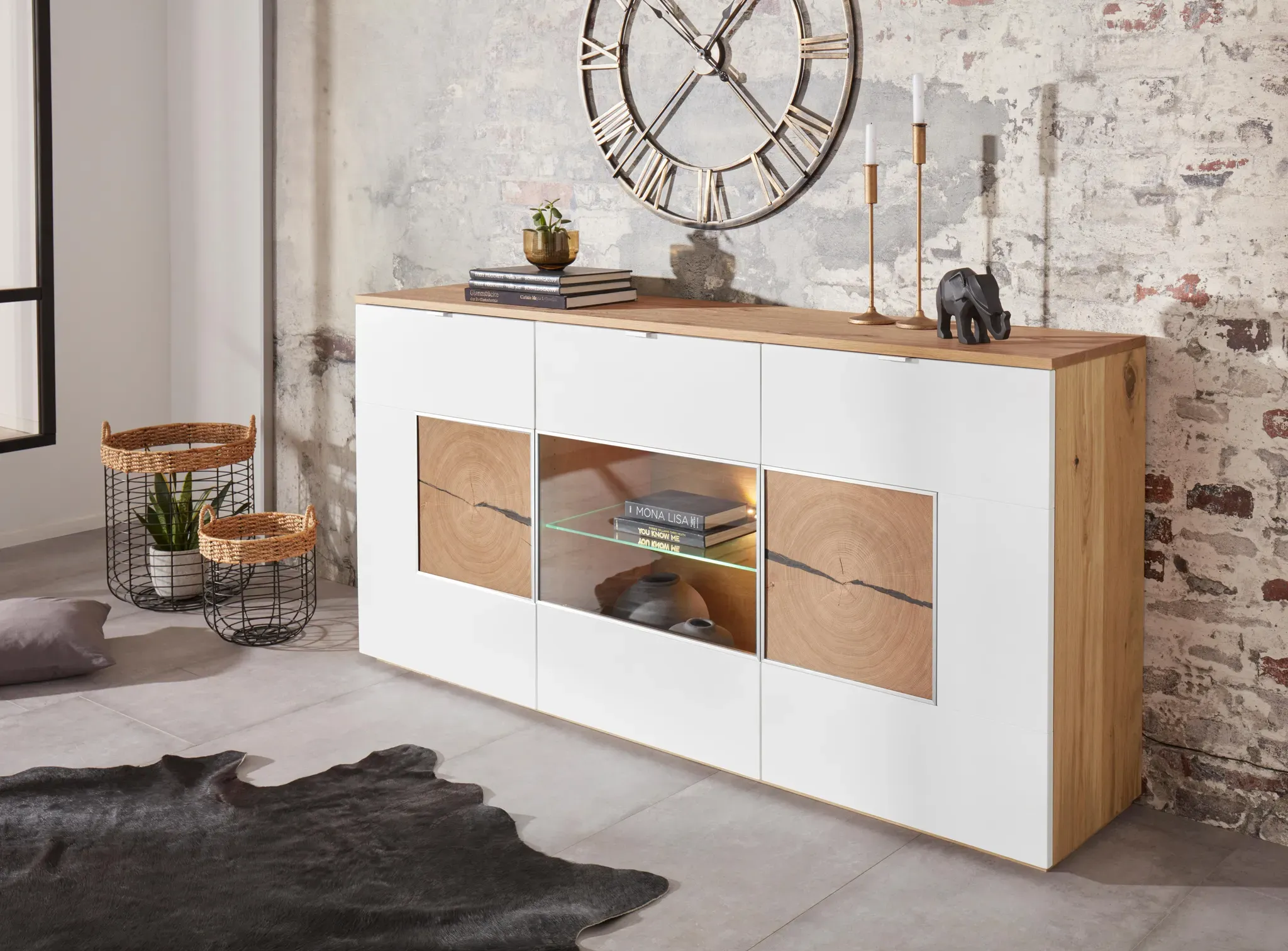 Sideboard VOGL MÖBELFABRIK, beige (altholzeiche, weiß), B:180cm H:90cm T:40cm, Sideboards, Sideboard, Breite 180 cm mit Hirnholzelement