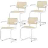 KHG 4er Set Schwingstühle Freischwinger mit Armlehnen weiß - Rückenlehne und Sitzfläche aus Massivholz Buche und Rattan - Esszimmerstuhl, Küchenstuhl Design Stuhl mit Wiener Geflecht