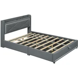 Merax 140*200cm Polsterbett, Doppelbett, Ambientelicht am Ende des Bettes, mit USB-Anschluss, großer Stauraum, Grau