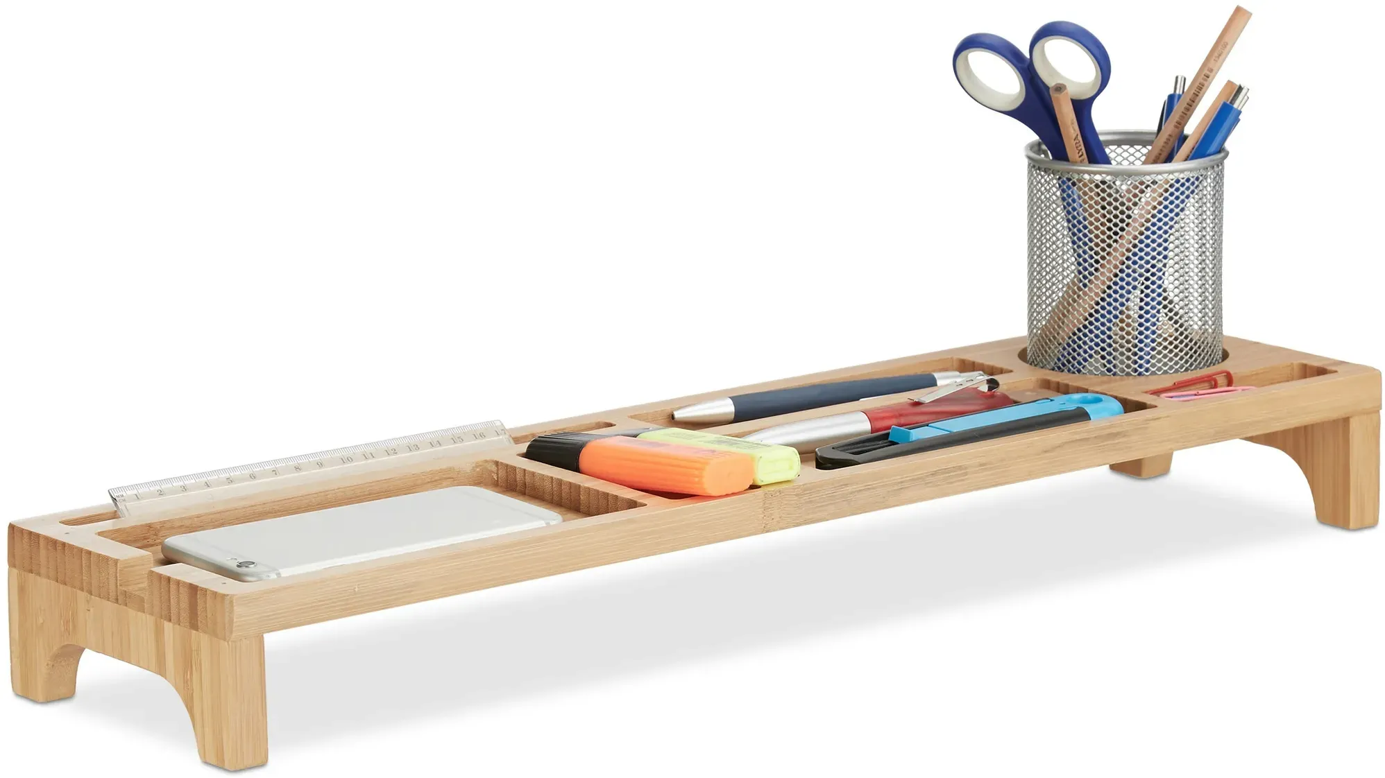 Relaxdays Schreibtisch Organizer Bambus, 7 Fächer, Kabelmulde, Stiftablage, Halterung für Smartphone und Tablet, natur