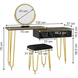 Vicco Schminktisch Bella Schwarz, Frisiertisch mit LED Spiegel und Hocker