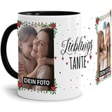 Tasse - Lieblings-Tante - zum selbst Gestalten mit zwei Fotos - Fototasse für die Tante - Keramik, Innen & Henkel Schwarz, 300 ml