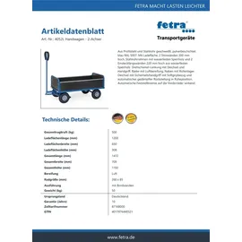 FETRA Handwagen Stahl 1200 x 650 mm blau 500 kg
