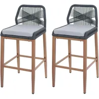 Mendler 2er-Set Rope-Barhocker HWC-O21, Outdoor Sitzpolster Seilgeflecht Metall Holz-Optik