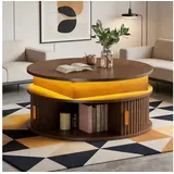 Merax Couchtisch hochglanz Sofatisch höhenverstellbar Beistelltisch mit LED-Beleuchtung (Versteckter Stauraum & Höhenverstellbare Tischplatte, 1-St), Runder Wohnzimmertisch mit 2 Rollladentüren & Stauraum, 75x75x52cm braun