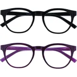 OPULIZE BLU Blaulichtfilter Lesebrille für Damen Herren, Blendfreie UV400-Schutz Federscharnier Anti-Müdigkeit, Runder Rahmen, Computerbrillen Gaming, 2er-Pack Schwarz Violett +1,00