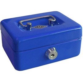 WEDO 144003 Kindergeldkassette Spardose (mit Einwurfschlitz, 5-Fächer-Münzeinsatz, Sicherheitsschloss, aus Stahlblech, 2 Schlüssel) blau