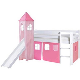 TICAA Hochbett Kasper mit Rutsche und Turm 90 x 200 cm Kiefer massiv weiß rosa/pink