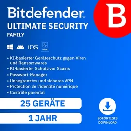 BitDefender Ultimate Security Family 2026 ESD 25 Geräte 1 Jahr DE Win