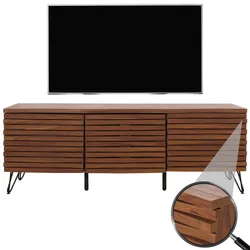 TV-Rack MCW-M49, Lowboard TV-Schrank, 3D-Design Staufächer, MDF Metall 52x142x44cm ~ Walnuss-Optik