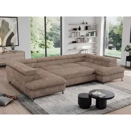 MKS Meble U-form Couch, Schlaffunktion, Ecksofa mit verstellbare Kopfstützen, Bettkasten - PEDRO U - Cord - Braun - Braun
