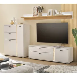 furn.design Wohnwand weiß matt Eiche Schrankwand inkl. LED Soft-Close Set 3-tlg Bellport