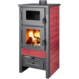 ProTermo Taurus Rot Kaminofen mit Backfach – 12kW Heizleistung - Holzofen mit Schamottstein Energieeffizienzklasse A 52 x 50 x 107cm 2 Sichtfenster