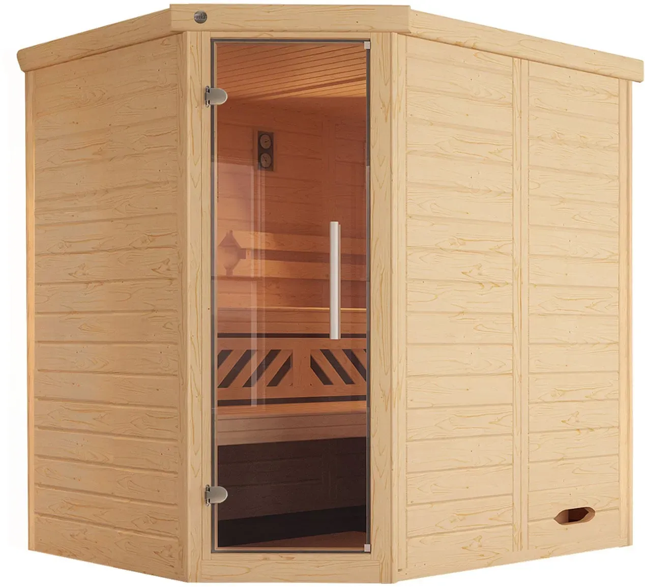 WEKA Sauna "Design-Sauna KEMI" Saunen Blockbohlen, vorgefertigte Elemente, moderne Ganzglastür Gr. Saunaofen, externe Steuerung, 4,5 kW, beige (natur)