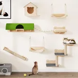 YITAHOME Katzenkletterwand-Set, Stabiler Holz Katzenmöbel, 7-Teilig Katzen Wandelemente mit Katzenhaus, Katzenhängebrücke, Katzentreppe, Hängematte und Kratzbaum zum Schlafen, Spielen und Ausruhen