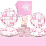 70er Jahre Rosa Disco Party Supplies, inklusive Teller, Servietten, Becher, Strohhalme, Tischdecke, für Mädchen, Damen, Frauen, Babyparty, Hochzeit, Geburtstag, Party, Dekorationen für 20