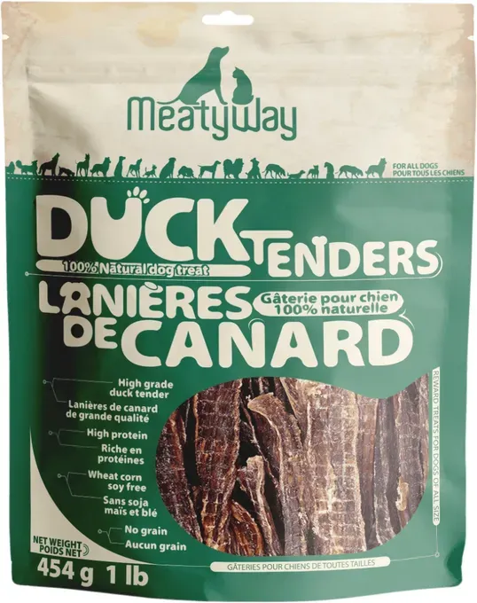 MeatyWay Enten-Jerky-Tenders Hundesnacks aus zartem Entenbrustfleisch, proteinreich, fettarm, 100 % natürlich, glutenfrei, leicht verdaulich, ideal für Hunde-Training, 454 g / 16 oz, Beutel