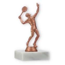 Pokal Kunststofffigur Tennisspieler bronze auf weißem Marmorsockel 12,9cm