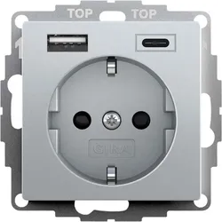 Gira Steckdose, 1f, aluminium, Mit eingebauter USB-Spannungsversorgung, Unterputz, Schutzkontakt/USB, IP20, Zentralplatte