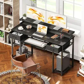 ODK Schreibtisch mit Schubladen und Monitorständer, Schwarz - Schwarz