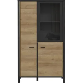 Forte HIGH ROCK Vitrine mit 2 Türen und 1 Glastür, Holzwerkstoff, Schwarz / Riviera Eiche, 86.3 x 152.3 x 40.2 cm