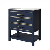 Okwish Freistehender Badezimmer-Waschtisch aus MDF in Schwarzblau, 76 cm, mit Keramikbecken, 2 Schubladen und offenem Fach