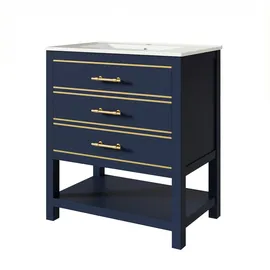Okwish Freistehender Badezimmer-Waschtisch aus MDF in Schwarzblau, 76 cm, mit Keramikbecken, 2 Schubladen und offenem Fach