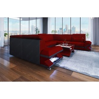 Sofa Dreams Wohnlandschaft Polstersofa Couch Stoff Sorrento U Form Stoffsofa, mit LED, ausziehbare Bettfunktion, USB-Anschluss, Designersofa rot|schwarz