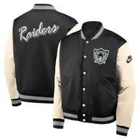 Collegejacke NIKE "Nike Collegejacke Las Vegas Raiders Nike Legacy Bomber Jacket", Damen, Gr. L, schwarz, Popeline;Jersey, 100% Polyester, Jacken Collegejacke