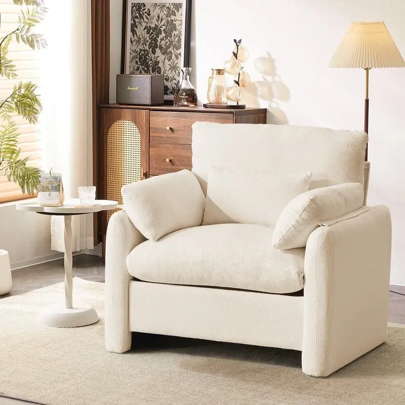 Ckaff Extragroßer Ohrensessel Wohnzimmer, 93,5 cm Polstersessel Fernsehsessel Einzelsofa mit abnehmbarer Armlehne & Wurfkissen, Lesesessel für Wohnzimmer Schlafzimmer, Beige