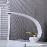 PRIMUZ Waschbecken Wasserhahn Bad Einhebelmischer Warm und Kalt Einloch-Wasserhahn Waschbecken Wasserhahn Mischbatterien Gold Schwarz (Color : White and Gold)