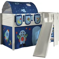 Vipack Hochbett »Scott«, (Made in Europe), mit schräger Leiter, LF 90x200 cm, Vorhang, Tunnel, 4 Designs weiß + Blau mit Design Weltall + weiß + weiß,