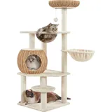 Yaheetech Kratzbaum, 137,5cm Rattan Katzenbaum Stabiler Kletterbaum mit Katzenhaus waschbare Kissen Korb Sisalstämme Beige