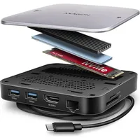 AXAGON HMC-UFO USB-C Hub M.2 SATA/NVMe 1 Gbit/s Ethernet 384 kHz Audio - schwarz/silber (USB-C, 1 Ports), Dockingstation + USB Hub, Schwarz