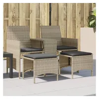 vidaXL Gartensofa 2-Sitzer mit Tisch und Hockern Hellgrau Poly Rattan