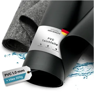 TeichVision - PVC Teichfolie - Stärke 1 mm - 2 m x 11 m und Teichvlies 300g / PVC Folie schwarz mit separatem passendem Vlies in grau