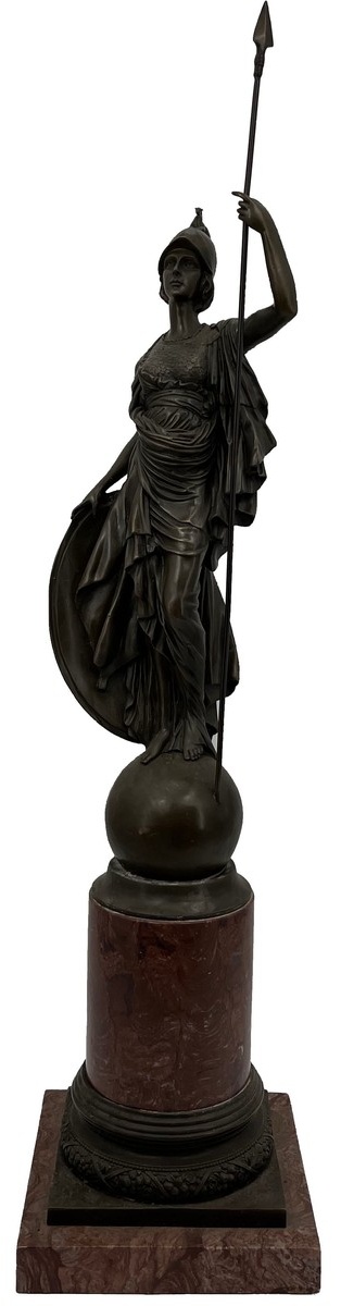 Casa Padrino Luxus Jugendstil Deko Skulptur Göttin mit Speer Bronze / Rot  22 x 26 x H. 108 cm - Große Bronze Skulptur mit Marmorsockel - XXL Bronze Figur - XXL Bronze Skulptur - Bronze Skulpturen
