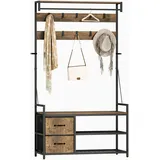6-in-1 Garderobenständer Mit Schuhregal, Industrie-stil, 10 Haken, 2 Stoffschubladen, Metall, Braun