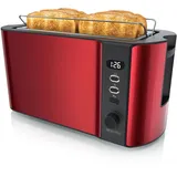 Arendo - Toaster 4 Scheiben Langschlitz Edelstahl - Defrost Funktion - wärmeisolierendes Gehäuse - mit integrierten Brötchenaufsatz - 1500W - Krümelschublade - Display mit Restzeitanzeige - Rot