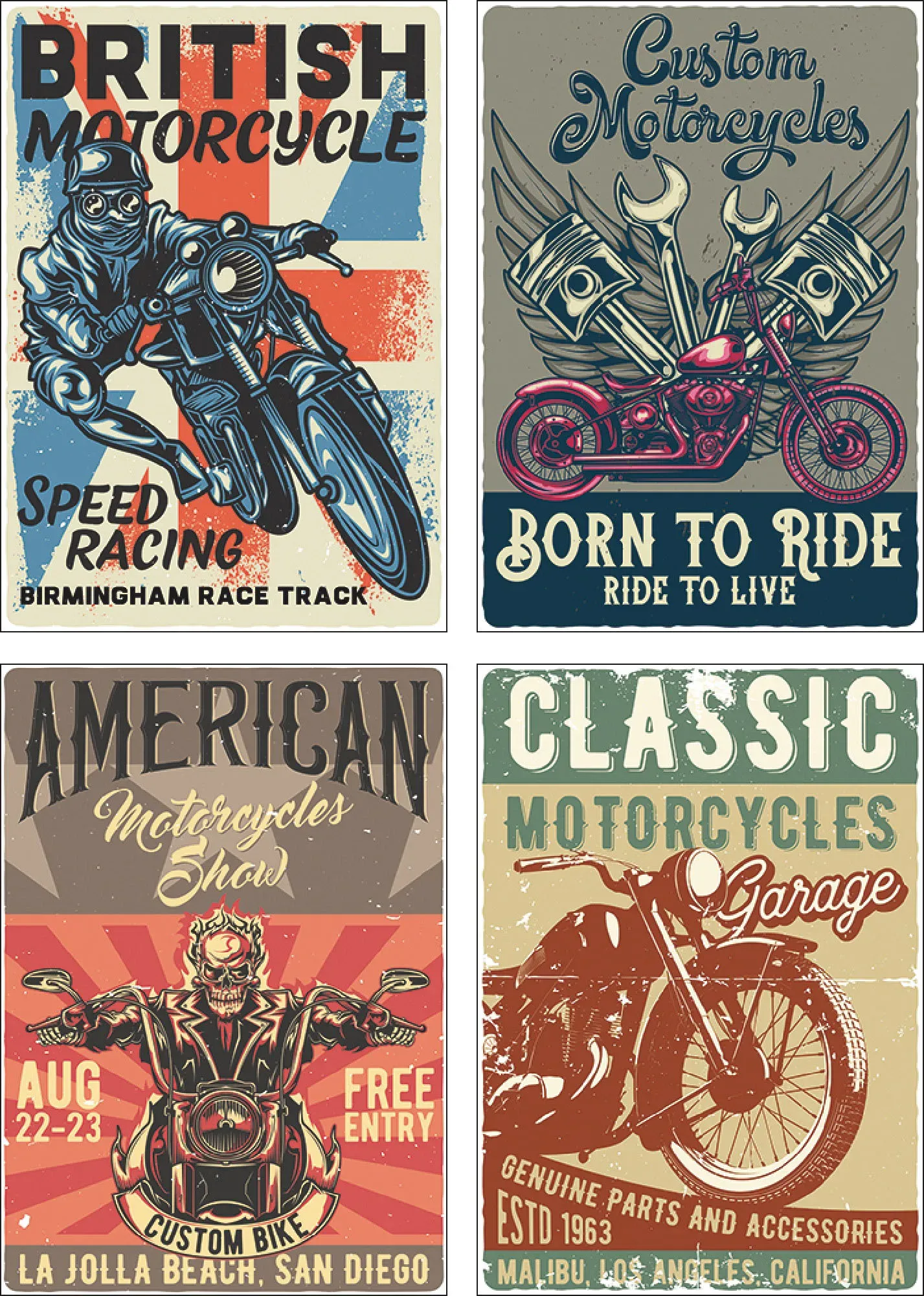 Artland Poster »Born to ride Totenkopf Motorradfahrer«, Sprüche & Texte, (4 St.), Poster, Wandbild, Bild, Wandposter Artland bunt