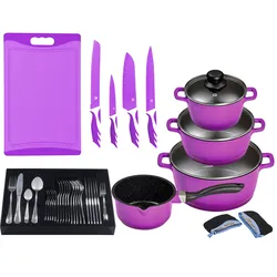 Topf-Set KING "»ALUGUSS« Aluminiumguss, Induktion, Antihaftbeschichtung", lila (beere), 10 l, Töpfe, inkl. 4 Küchenmesser, 1 Schneidebrett, 1 Besteck-Set + Etui