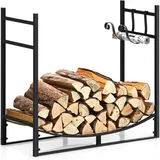 Costway Kaminholzregal mit 4 tlg. Kaminbesteck Set, Brennholzregal Kaminholzständer Feuerholzregal Kamingarnitur schwarz (90...