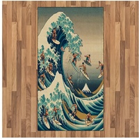 Teppich Flachgewebe Deko-Teppiche für das Wohn-,Schlaf-, und Essenszimmer, Abakuhaus, rechteckig, Japanische Welle Surfer Ukiyo-e Ozean blau|grün 80 cm x 150 cm